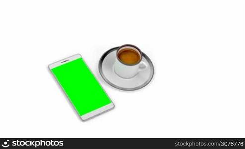 Espresso coffee and smartphone with green display on white background, top view