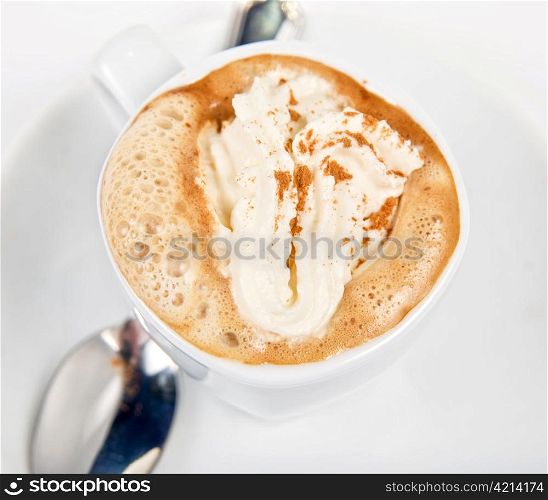 espresso coffee cup with whipped cream and,cinnamon