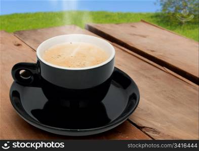 Espresso Coffee on Wooden Table - Outdoors