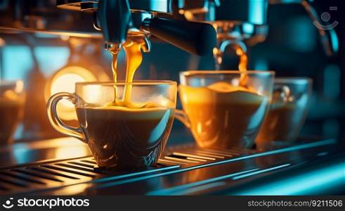 Espresso Machine Pouring Coffee into Cup Close-up. Generative ai. High quality illustration. Espresso Machine Pouring Coffee into Cup Close-up. Generative ai