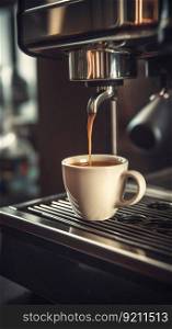 Espresso Machine Pouring Coffee into Cup Close-up. Generative ai. High quality illustration. Espresso Machine Pouring Coffee into Cup Close-up. Generative ai