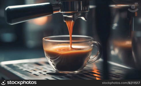 Espresso Machine Pouring Coffee into Cup Close-up. Generative ai. High quality illustration. Espresso Machine Pouring Coffee into Cup Close-up. Generative ai