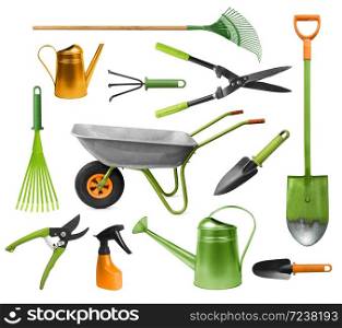 Essential gardening hand tools colorful set isolated on white