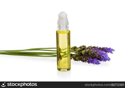 essential oil and fresh lavender flowers as natural aromatherapy isolated on white background