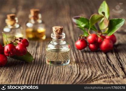 Essential oil bottle with fresh wintergreen leaves and berries