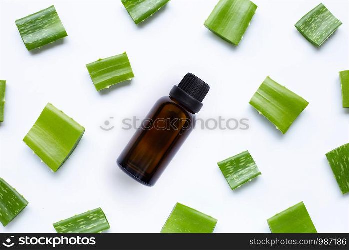 Essential oil with Aloe vera, Aloe vera is a popular medicinal plant for health and beauty, on a white background.