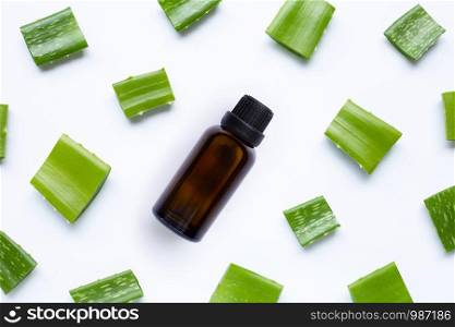 Essential oil with Aloe vera, Aloe vera is a popular medicinal plant for health and beauty, on a white background.