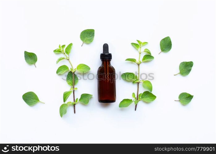 Essential oil with fresh oregano leaves on white background. Copy space