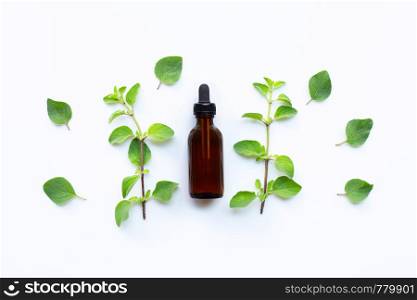 Essential oil with fresh oregano leaves on white background. Copy space