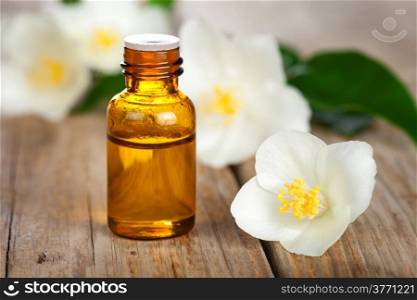 Essential oil with jasmine flowers on table background. Beauty treatment