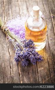 essential oil with lavender flower and seasalt - spa concept. The essential oil