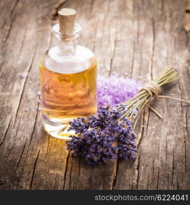 essential oil with lavender flower and seasalt - spa concept. The essential oil