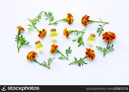 Essential oils of marigold flower on white background.