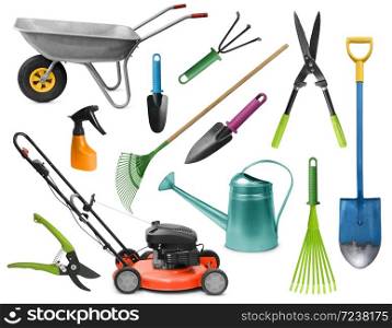 Essential realistic gardening tools colorful set isolated on white