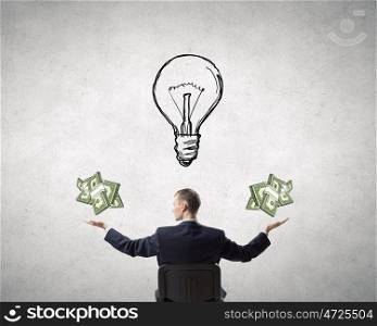 Estimate your money income. Confident businessman with hands spread apart presenting money earning concept