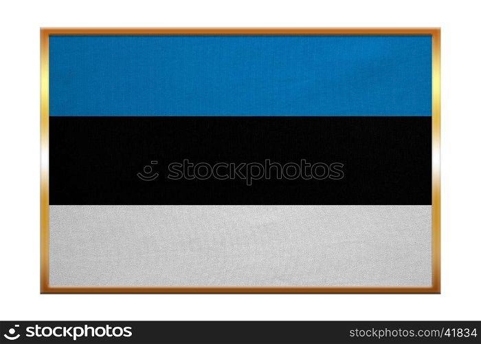 Estonian national official flag. Patriotic symbol, banner, element, background. Correct colors. Flag of Estonia , golden frame, fabric texture, illustration. Accurate size, color