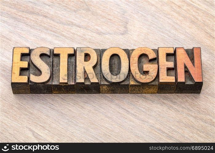 estrogen word abstract in vintage letterpress wood type