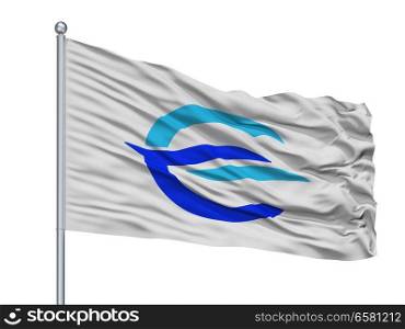 Etajima City Flag On Flagpole, Country Japan, Hiroshima Prefecture, Isolated On White Background. Etajima City Flag On Flagpole, Japan, Hiroshima Prefecture, Isolated On White Background