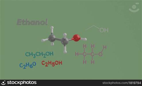 Ethanol or Ethyl Alcohol drinking beverage alcohol chemical molecule formula structure and model 3D rendering illustration