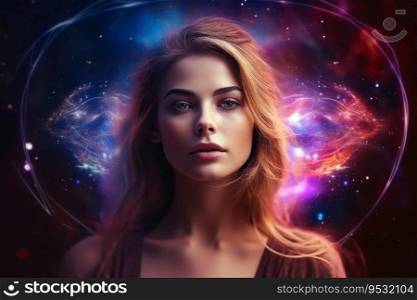Ethereal and mesmerizing woman portrait in a galaxy environment created with generative AI technology