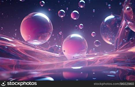 Ethereal scene of water bubbles in a dark backdrop with a glowing pink sphere at the center. Created with generative AI tools. Ethereal scene of water bubbles in a dark backdrop. Created by AI