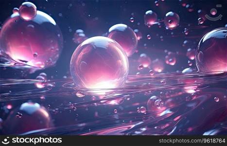 Ethereal scene of water bubbles in a dark backdrop with a glowing pink sphere at the center. Created with generative AI tools. Ethereal scene of water bubbles in a dark backdrop. Created by AI