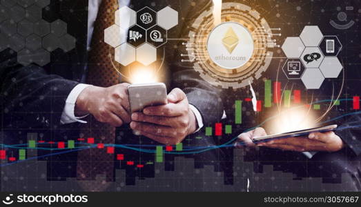 Ethereum and cryptocurrency investing concept - Businessman using mobile phone application to trade Ethereum ETH with another trader in modern graphic interface. Blockchain and financial technology.. Ethereum ETH and Cryptocurrency Trading Concept