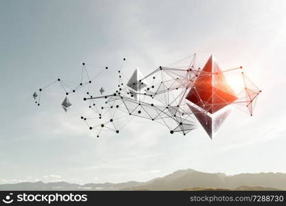 Ethereum crypto currency icon on natural background. 3d rendering. Crypto currency concept. Mixed media