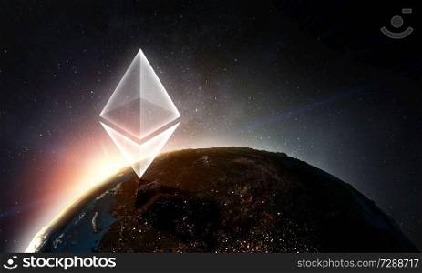 Ethereum crypto currency icon on technology background. 3d rendering. Elements of this image are furnished by NASA. Crypto currency concept. Mixed media