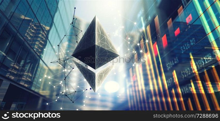 Ethereum crypto currency icon on technology background. 3d rendering. Crypto currency concept. Mixed media