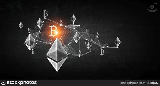 Ethereum crypto currency icon on technology background. 3d rendering. Crypto currency concept. Mixed media