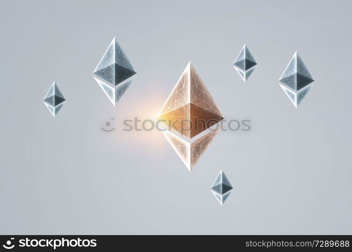 Ethereum crypto currency icon on technology background. 3d rendering. Crypto currency concept. Mixed media