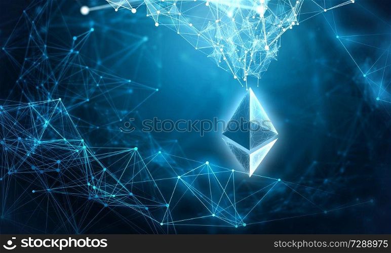 Ethereum crypto currency sign flying around network connection concept. 3d rendering. Crypto currency market. Mixed media