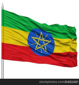 Ethiopia Flag on Flagpole , Flying in the Wind, Isolated on White Background