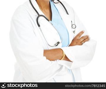 Ethnic, brown skinned female doctor on a white background.