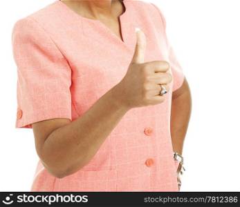 Ethnic businesswoman giving the thumbs up sign. Isolated on white.
