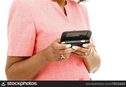 Ethnic, dark skinned woman sending a text message on her smart phone. Isolated on white.