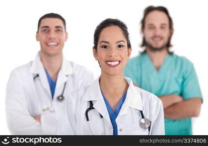 Ethnic doctor with collegues in isoalted white background