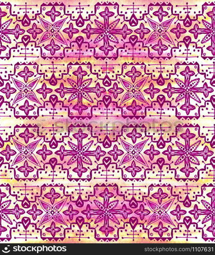 Ethnic seamless pattern. Boho pink ornament. Repeating background. Tribal, aboriginal art print. Fabric, cloth design, wallpaper, wrapping Watercolor and Hand painted. Ethnic seamless pattern. Boho pink ornament. Repeating background.