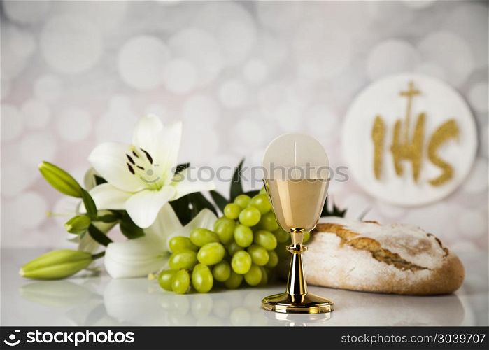 Eucharist symbol of bread and wine, chalice and host, First comm. Eucharist, sacrament of communion background