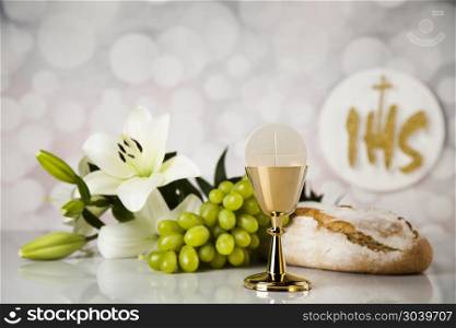 Eucharist symbol of bread and wine, chalice and host, First comm. Eucharist, sacrament of communion background
