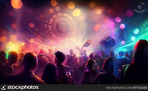 Euphoric celebration of life with partygoers in a vibrant nightclub. Generative AI