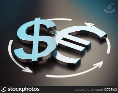 EUR and USD Pair over black background with arrow symbol of exchange . Euro and Dollar Symbol. EUR USD Pair