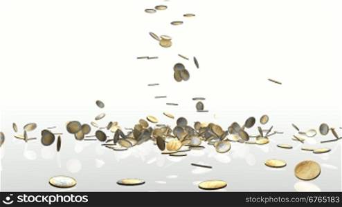 EUR coins falling on white reflective floor, camera rotation