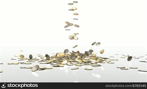 EUR coins falling on white reflective floor, camera rotation, Alpha
