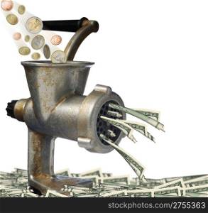 Euro and dollars. Transformation of euro into dollars on an old meat grinder
