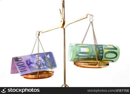 euro and swiss franc banknotes money on a scale. exchange rate