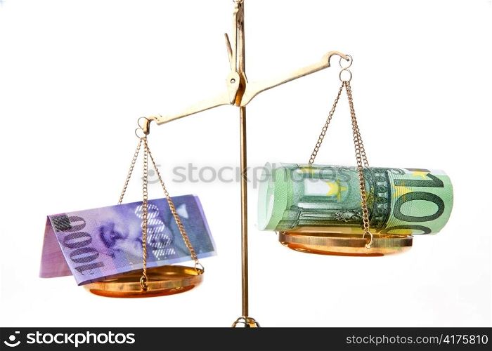 euro and swiss franc banknotes money on a scale. exchange rate