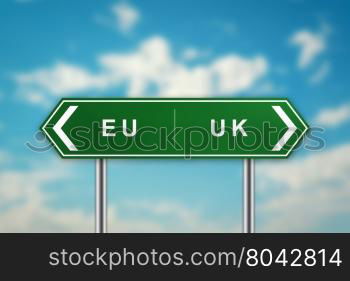 EURO and UK on green road sign with blurred blue sky, brexit or british exit concept