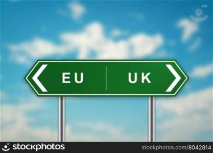 EURO and UK on green road sign with blurred blue sky, brexit or british exit concept